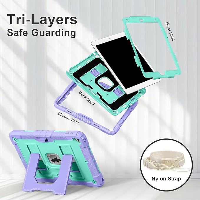 Kids Friendly Case for Apple iPad 10.2" 9th 8th 7th Generation 2021/2020/2019 Case with Pencil Holder & Shoulder Strap, Military Grade Shockproof Kickstand Hard Shell Protective Cover,Purple+Mint