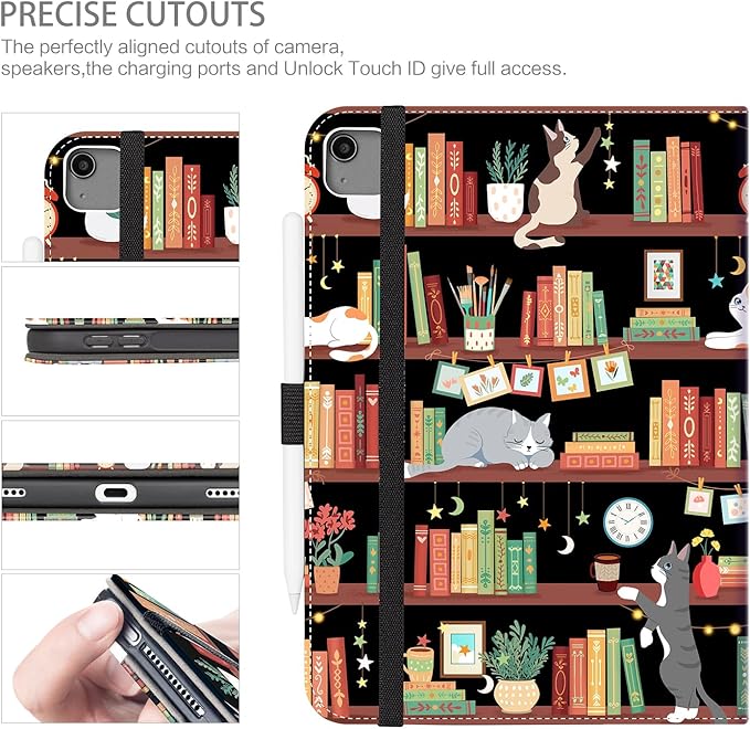Case for iPad Air 13-inch (M4/M3/M2), iPad Pro 12.9 Case 6th/5th/4th/3rd Generation with Pencil Holder Multi-Angle Adjustable Stand Shockproof with Pocket/Hand Strap/Auto Wake Sleep, Bookshelf Cat