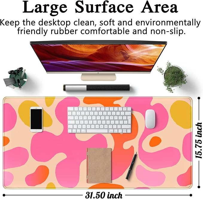 Pink Desk Mat Modern Abstract Large Mouse Pad XXL Cute Pink Desk Pad Keyboard Mat, Desk Accessories for Women Office Decor, Extended Mousepad 31.5''X15.7'' Non-Slip Rubber Base with Stitched Edges