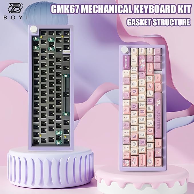 BOYI GMK67 65% Hot-Swappable Mechanical Keyboard Kit,Bluetooth 5.0/2.4G/Type-C Tri-Mode,RGB Backlit,Gasket Mount,DIY Custom Kit with Knob&EVA Mat(Purple)