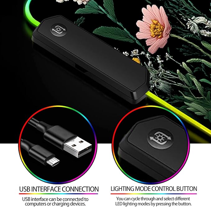 RGB Pretty Wildflower Gaming Desk Mat, Computer Keyboard Large Extended Flowers LED Mouse Pad for Office and Home, 31.5×11.8 Inches, XL