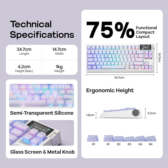EPOMAKER G84 PRO Wireless Gaming Keyboard with Screen&Knob, 75% Creamy Mechanical Keyboard, 8000mAh, Hot Swappable, Silicone Keycaps, BT5.0/2.4G/USB-C Mode, NKRO, RGB (Purple, Creamy Jade Switch)