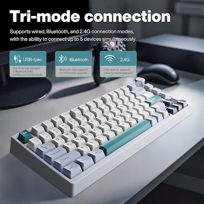 GK GAMAKAY TK75 V2 75% Silent Mechanical Keyboard with TFT Screen, Hot Swap RGB Bluetooth 5.0/2.4GHz Wireless/USB-C Wired PBT Cherry Profile Keycaps Gaming Keyboard (GamaKay Pegasus Switch)