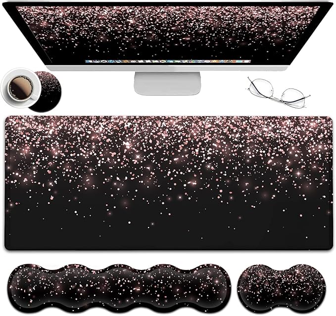 Large Gaming Mouse Pad (31.5x11.8 in) Rubber Base XXL Mousepad with Stitched Edges, Ergonomic Keyboard Wrist Rest, Extended Mouse Mat Desk Pad for Work, Game, Office, Rose Gold Glitter Black Mousepad