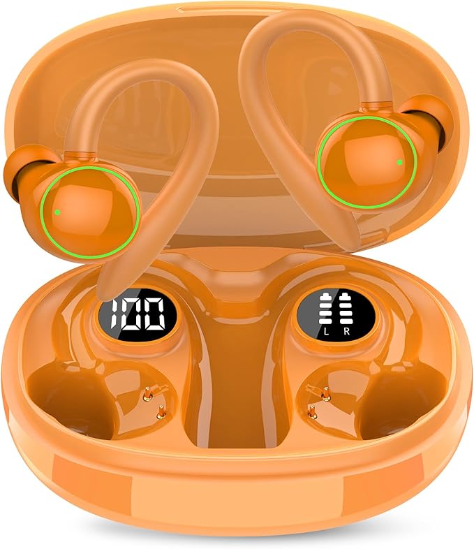 Wireless Earbuds, Bluetooth 5.4 Headphones Sport, Over Ear Buds With ENC Noise Cancelling Mic, 48H, Wireless Earphone With Earhooks, Stereo Deep Bass, IP7 Waterproof for Workout Running, Orange