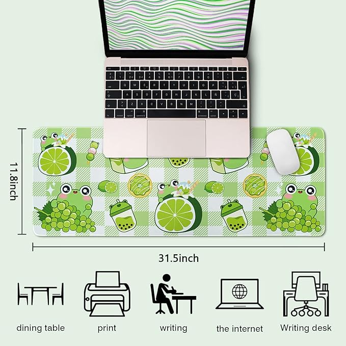 Kawaii Frog Gaming Mouse Pad for Desk, Extended Large Frog Donut Boba Milk Tea Mouse Pad, Green Mousepad XL, Long Big Mouse Mat, Kawaii Frog Decor Stuff Accessories, 31.5 X 11.8 Inch
