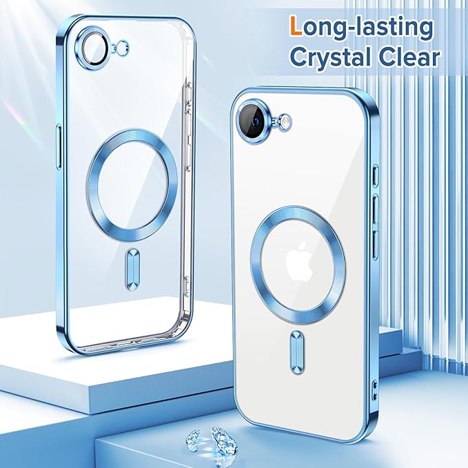Hython Magnetic Clear for iPhone 17e Case with Camera Lens Protector [Compatible with MagSafe] Luxury Plating Edge Slim Soft TPU Cover Protective Phone Case for iPhone 17e 6.1", Light Blue