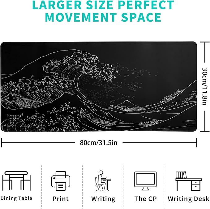 Brecoy Japanese Sea Wave Large Mouse Pad, Anime Black Gaming, Extended Kanagawa Mat Desk Pad, 3mm Thick Long Non-Slip Rubber Base Mice Pad, 31.5 X 11.8 Inch