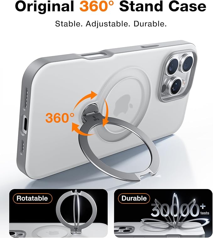TORRAS 360 Spin Magnetic Stand for iPhone 16 Pro Max Case, Fit for MagSafe, 12FT Mil-STD Shockproof Case for 16 Pro Max Phone Case with Kickstand Rotatable, Grey, 6.9 inch