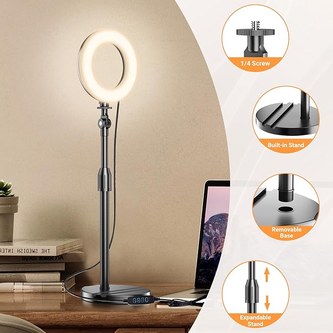 Portable Travel Ring Light for Laptop Zoom Video Conference, 5'' Bright Circle Light with Extendable Stand, Small Halo Lighting with Phone Holder for Video Recording Live Stream Facetime Photography