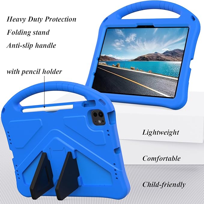 Kids Case for iPad Air 11 inch M4/M3/M2 (2026/2025/2024) with Pencil Holder/Shockproof Handle/Kickstand/Slim Lightweight Soft EVA Foam Folio Stand Tablet Protective Girls Boys Cover, Blue