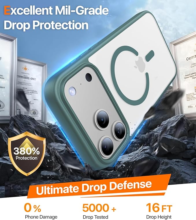 Magnetic for iPhone 17 Pro Max Case,[Anti-Slip][Compatible with MagSafe][Military Grade Drop Protection] Shockproof Protective Translucent Phone Case for iPhone 17 Pro Max Case,Night Green