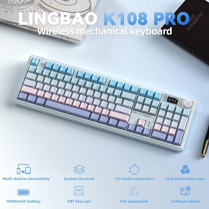 CORBOBO LINGBAO K108 Pro Wireless Mechanical Keyboard with Screen & Knob, Full Size Creamy Keyboard with Number Pad, 10000mAh Battery, PBT Keycaps, RGB Backlit, Hot-swappable Gaming Keyboards