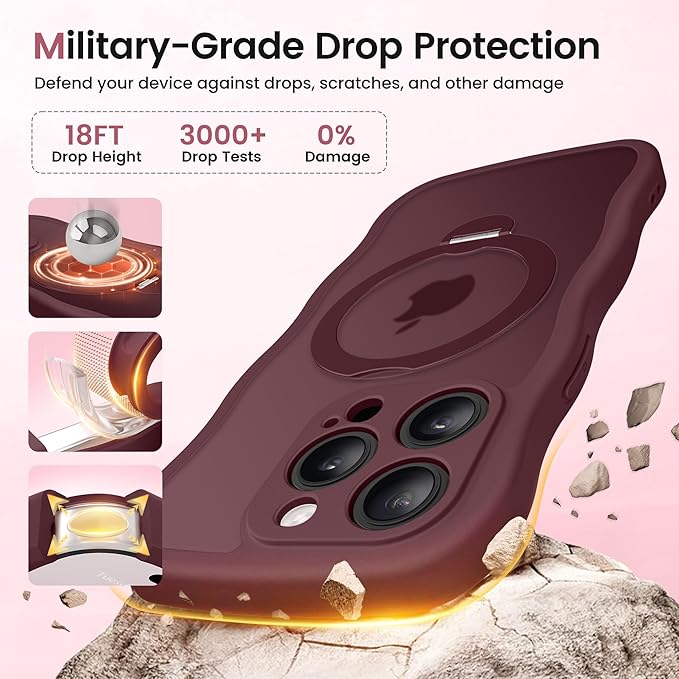 CAPRARO for iPhone 15 Pro Max Case with 360° Spin Magnetic Stand for Women, [Compatible with MagSafe] [Full Camera Protection] Cute Wave Translucent Matte Case for iPhone 15 Pro Max, Wine Red