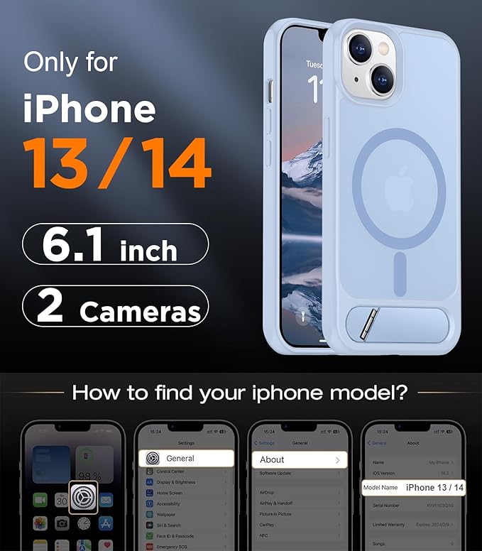Magnetic Compatible with iPhone 14 Case/iPhone 13 Case,[Built-in Invisible Kickstand][Compatible with MagSafe][Military Grade Shockproof] Slim Translucent Matte Phone Case for iPhone 14/13 6.1"