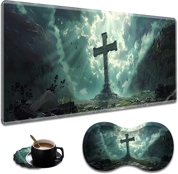 Ergonomic Cross Extended Mouse Pad 31.5" x 11.8" Set, with Wrist Rest & Lace Coasters, Pain Relief Design, Non-Slip Desk Mat for Home & Gaming