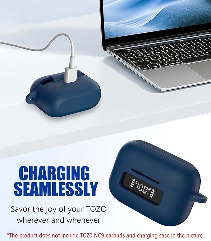 for TOZ0 NC9(2024) Case Cover, Silicone Protective Battery Display Visible Design Cover ONLY for TOZO NC9 Hybrid Active Noise Cancelling Wireless Earbuds 2024 Version with Carabiner-Blue