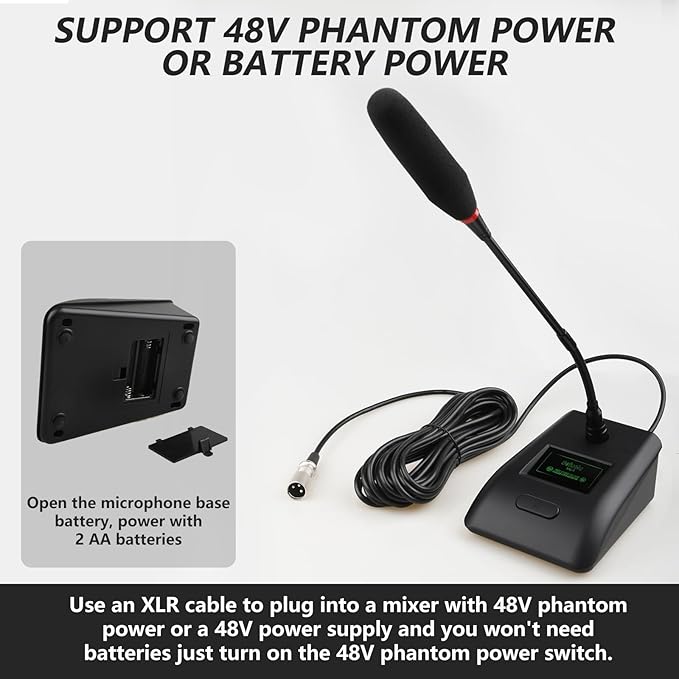 Desktop Gooseneck Conference Microphone Wired with 48V Phantom. Table Mounted Corded Condenser XLR Microphone with 26ft XLR Male to Female Cable and 6.35mm Adapter Cable for Speake, Studio, Recording