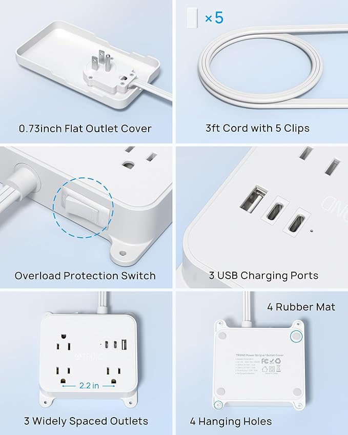 TROND Flat Power Strip with Outlet Concealer, 3 FT Short Extension Cord with 3 Widely Spaced AC Outlets, 3 USB Charger(2 USB C Ports), Wall Mount Outlet Cover for Nightstand Couches Home Essentials