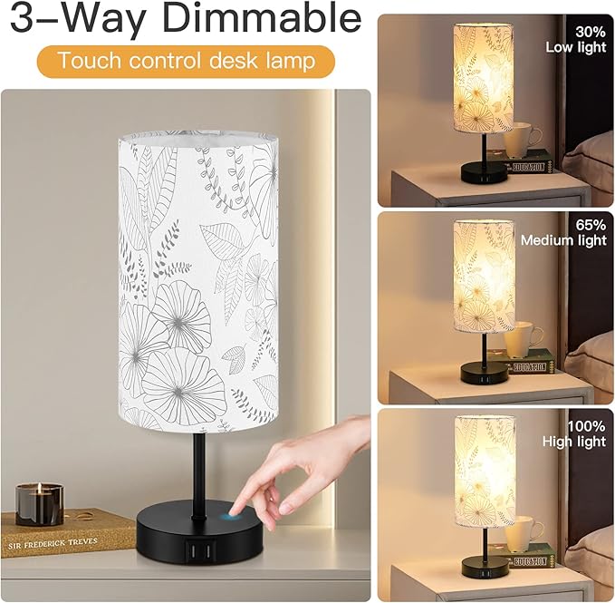 CINSARY Touch Control Bedside Lamp with 2 USB Ports, 3-Way Dimmable Table lamp for Bedroom, Nightstand Lamp with Round Flower Fabric Shade for Living Room Home Office (E26 LED Bulb Included)