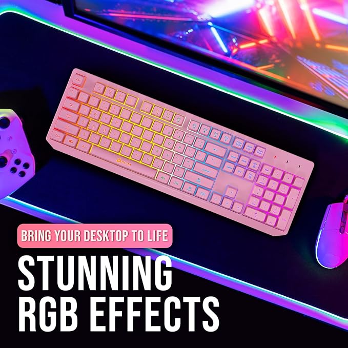 KLIM Chroma Pink Wireless Keyboard – RGB Backlit, Rechargeable Battery, Wireless Keyboard with Water-Resistant Durable Design, Compatible with PC, Mac, PS4, PS5