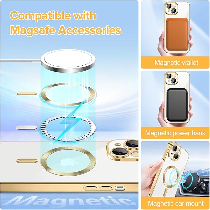 Hython Magnetic Clear for iPhone 15 Plus Case with Camera Lens Protector [Compatible with MagSafe] Luxury Plating Edge Slim Soft TPU Cover Protective Phone Case for iPhone 15 Plus 6.7", Gold