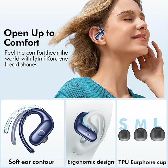 kurdene Wireless Earbuds Bluetooth Headphones Sport,Over Ear Buds with Deep Bass Sound,60Hrs Playtime Earphones Redesigned Comfort Fit with Earhooks for Running,Meeting,Workout-Blue