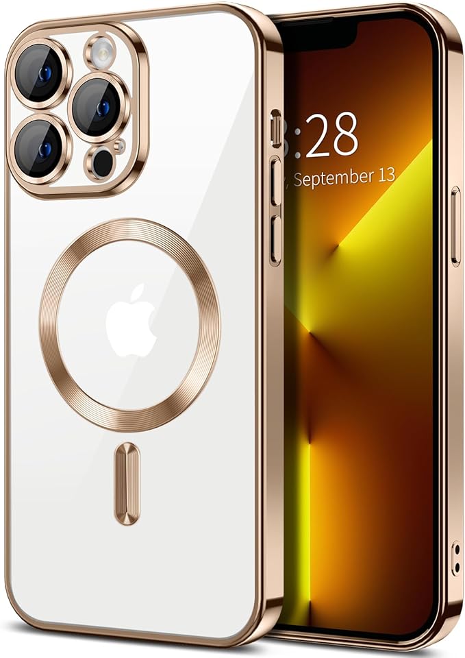 Hython Magnetic Clear for iPhone 13 Pro Max Case with Camera Lens Protector [Compatible with MagSafe] Plating Edge Slim Soft TPU Cover Protective Phone Case for iPhone 13 Pro Max 6.7", Desert Brown