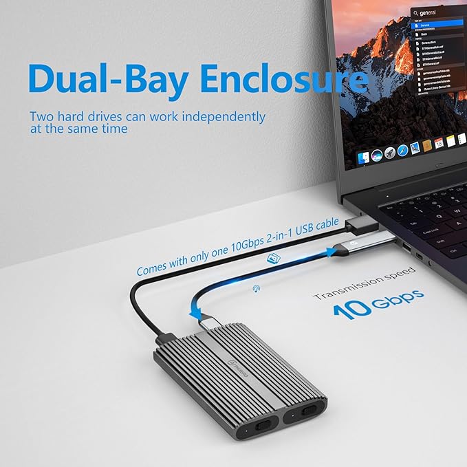 PHIXERO Dual M.2 NVMe SSD Enclosure, Tool-Free M.2 Enclosure, USB 3.2 Gen 2 [10Gbps], Aluminum SSD Enclosure for M.2 PCIe NVMe M Key/B+M Key 2280/2260/2242/2230 SSD. Support UASP Trim, Thunderbolt 3