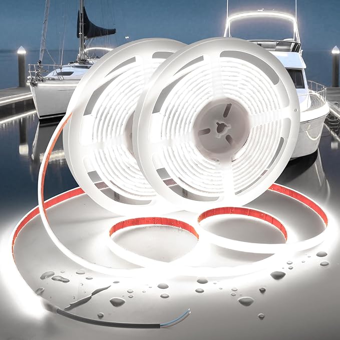COB LED Strip Lights Daylight White 6000K,12V 32.8ft IP67 Waterproof High CRI 95Ra+ Super Bright,Flexible Boat Lights for Fishing Night Outdoor Bathroom Swimming Pool(Power Supply Not Included)