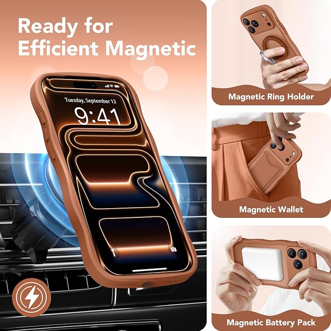 CAPRARO Magnetic for iPhone 17 Pro Case for Women Girls, Upgraded [Full Camera Protection] [Compatible with MagSafe] Cute Wave Translucent Matte Phone Case for iPhone 17 Pro, Dark Orange