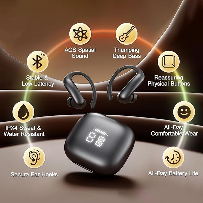 Sport Earbuds with Ear Hook 66hrs Playtime with LED Display Case, Wireless Bluetooth 6.0, Sports Over The Ear Earbuds, IPX4 Gym Workout Running Headphones, Deep Bass & Stereo Sound.