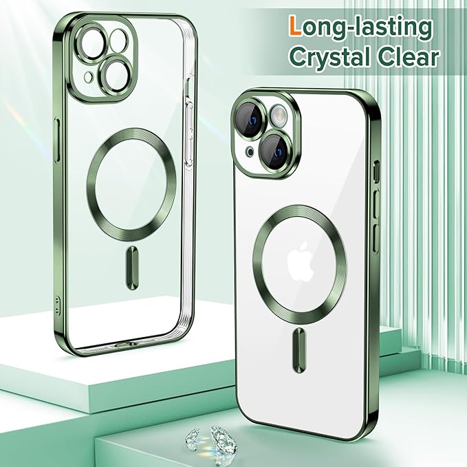 Hython Magnetic Clear for iPhone 15 Case with Camera Lens Protector [Compatible with MagSafe] Luxury Plating Edge Slim Soft TPU Cover Protective Phone Case for iPhone 15 6.1", Deep Green
