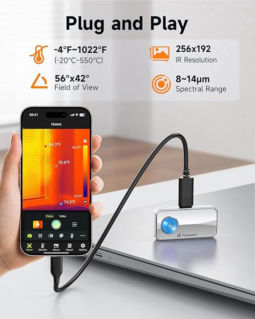 FOXWELL RT100 Thermal Camera for iPhone iPad with Lightning Port, 256 x 192 IR High Resolution Thermal Imaging Camera for iOS, 25Hz Infrared Camera, Thermal Imager for HVAC/PCB/Automotive Inspection