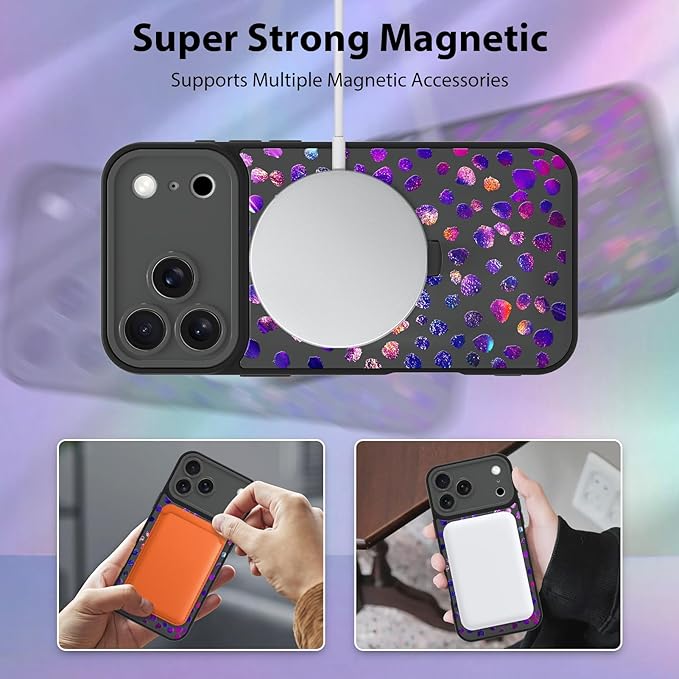 KANGHAR Compatible with iPhone 17 Pro Case, Support for MagSafe, Silicone Cute Iridescent Pattern Leopard Print Cheetah, Wristband Kickstand Shockproof Soft Slim Cover for Girls Women, Black