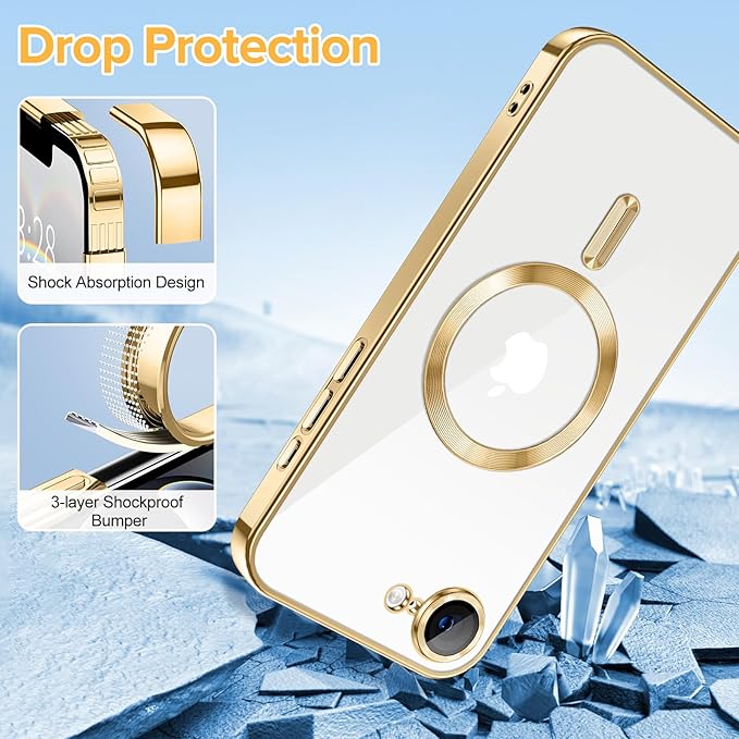 Hython Magnetic Clear for iPhone 16e Case with Camera Lens Protector [Compatible with MagSafe] Luxury Plating Edge Slim Soft TPU Cover Protective Phone Case for iPhone 16e 6.1", Gold