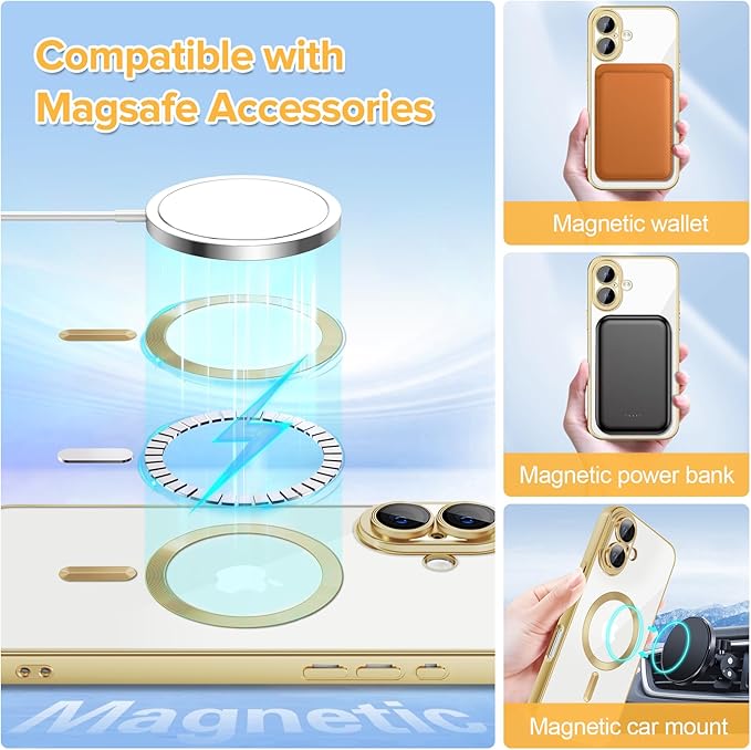 Hython Magnetic Clear for iPhone 17 Case with Camera Lens Protector [Compatible with MagSafe] Luxury Plating Edge Slim Soft TPU Cover Protective Phone Case for iPhone 17 6.3", Matte Gold