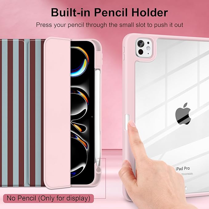 TWOLSKOO Case for iPad Pro 11-inch (M5 2025 / M4 2024), Clear Acrylic Back with TPU Bumper, Pencil Holder, Trifold Stand, Auto Sleep/Wake, Burgundy Stripes