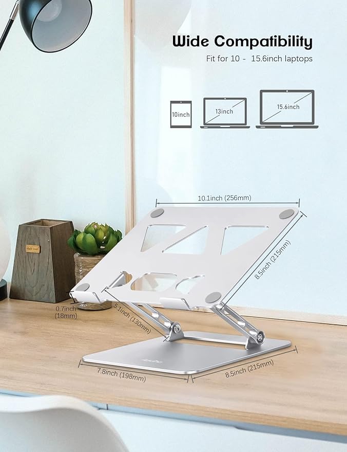 Aoviho Adjustable Laptop Stand for Desk,Portable Laptop Stand Holder and Riser,Foldable Aluminum Notebook Computer Stands for MacBook Air Pro HP Lenovo Dell Samsung Chromebook, 10-15.6 inch, Silver