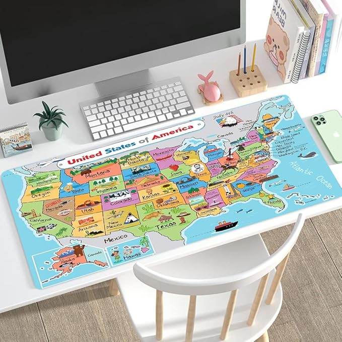 31.5x11.8 Inch Non-Slip Long Extended Large Gaming Mouse Pad with Stitched Edges XL Laptops Keyboard Mouse Mat(American Map)