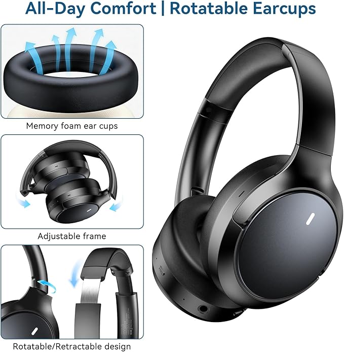 Hybrid ANC Wireless Over-Ear Headphones, 100H Playtime, Hi-Res Audio, Bluetooth 6.0, Multi-Mode Noise Cancellation, Comfort Fit, iOS & Android Compatible, Foldable Design, Travel-Friendly (Black)