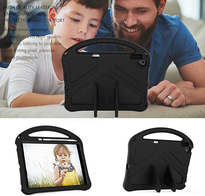Kids Case for iPad 7th 8th 9th Gen/Air 3rd Gen/Pro 10.5", Techcircle Lightweight Shockproof EVA Foam Rugged Handle Stand Anti-Slip Grip Protective Case with Pencil Holder, Black