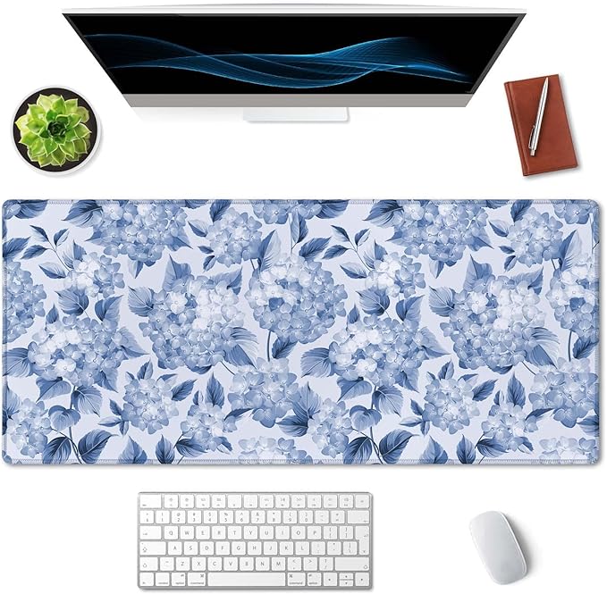 SSOIU Blue Hydrangea Flowers Desk Mat, Floral Large Aesthetic Mouse Pad 35.5" X 15.7", Waterproof Desk Mat Stitched Edges, Non-Slip Laptop Computer Keyboard Mousepad for Office and Home