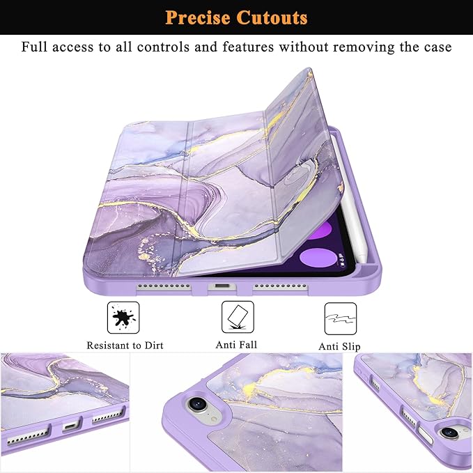 Soke Case for iPad mini 7(A17 Pro) 2024/iPad Mini 6 2021 8.3 inch with Pencil Holder-[Pencil Charging + Auto Wake/Sleep], Soft TPU Back Cover for iPad mini 7th/6th Generation(Lilac Marble)