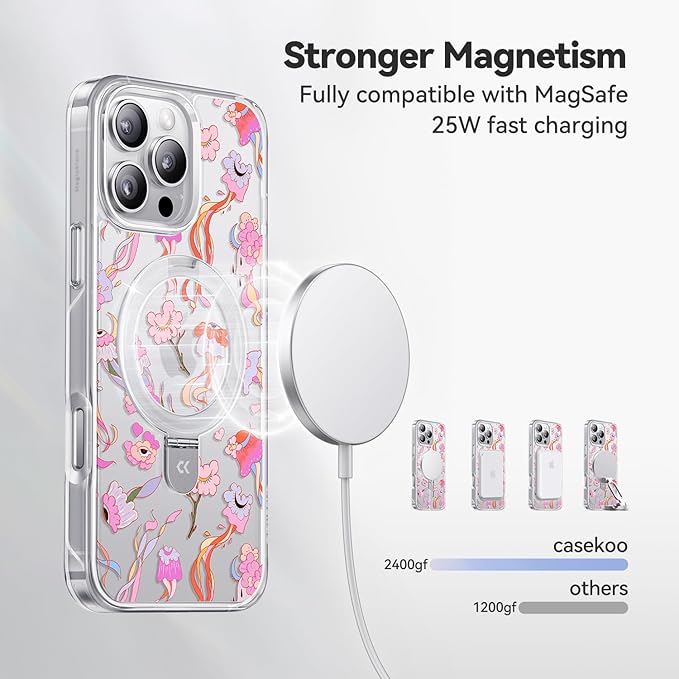 CASEKOO Floral Series [ArtCollab x Leah Han] Floral Jellyfish for iPhone 16 Pro Case with Magnetic Ring Stand [Compatible with MagSafe] [Military-Grade Protection] Clear Back, Soft Edge, for Women