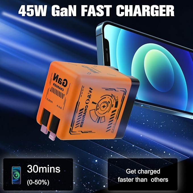 W&O 2-in-1 GaN Compatible with Fast Charger, GaN Charger Fast Charging, Retractable Phone Chargers Wall Plug with Lightning and Type-C Cables, Foldable Chargers for iPhone&Most Android