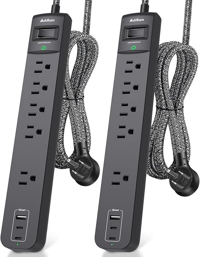2 Pack Power Strip Surge Protector - 5 Widely Spaced Outlets 3 USB Charging Ports, 1875W/15A 6Ft Braided Extension Cord, Flat Plug Overload Protection, Wall Mount for Home Office Dorm Room Essentials