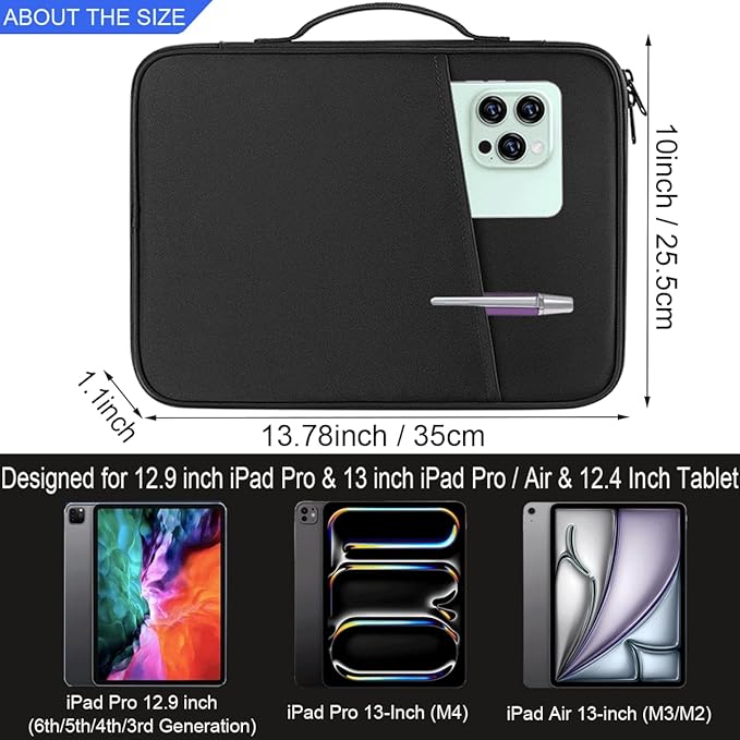 CAAORDKSO 12.9 Inch Tablet Sleeve Bag for iPad Pro 13-inch (M4) 2024, iPad Air 13-inch (M3/M2) 2025, iPad Pro 12.9-inch (6th/5th/4th/3rd Generation) with Magic Keyboard, Waterproof iPad Case Bag Black