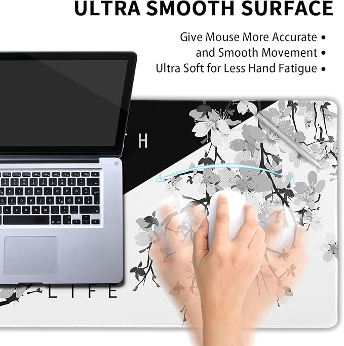 Black White Japanese Mouse Pad 35.4 X 15.7 Inch XXL Cherry Blossom Death Life Full Desk Mousepad Extended Large Non-Slip Rubber Base Big Keyboard Mat with Stitched Edges for Gaming and Office