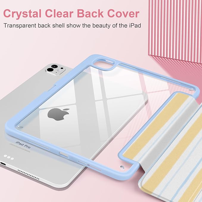 Case for iPad Pro 13 Inch (M5 2025 M4 2024) – [Built-in Pencil Holder], Shockproof & Stylish, Clear Hard Back + Soft TPU Edge, Magnetic Trifold Stand, Auto Wake/Sleep, Watercolor Stripes